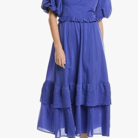 FARM Rio Blue Ruffled Tiered Midi Dress with Puff Sleeves - Picture 3 of 10